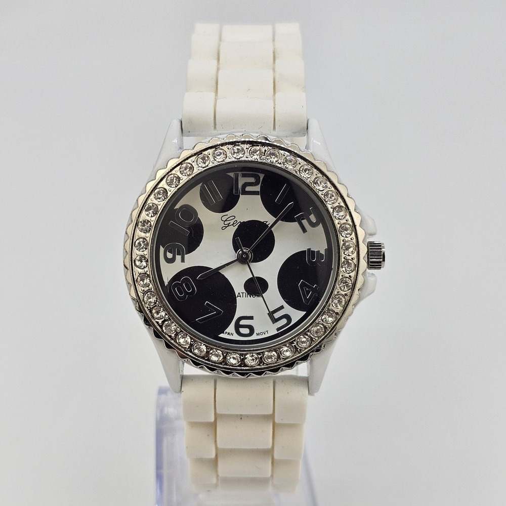 38MM‎ Women Watch White Black Dial Crystal Bezel White Plastic Bands New Battery